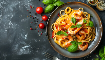 Wall Mural - Top view tasty homemade italian prawn and shrimp linguine pasta dish on a plate