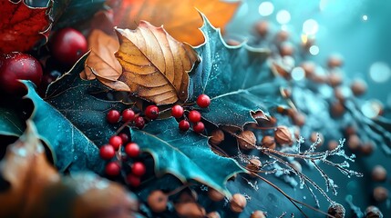 Wall Mural - Frozen Holly Berries with Autumn Leaves Macro Photography