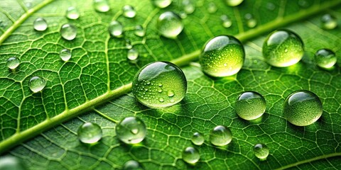 Close-up of a green leaf with glistening water drops, nature, close-up, green, leaf, water drops, texture, foliage, dew, freshness