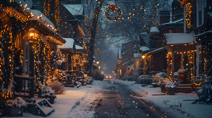 Wall Mural - A peaceful night scene of a quiet street lined with houses decorated with festive lights, wreaths on the doors, and a light snow falling, creating a magical holiday atmosphere.