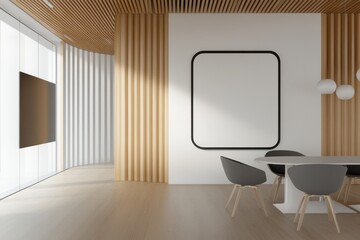 Wall Mural - A white wall with a black frame mockup in the modern interior of a living room