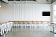 © AI Studio - A white wall with a vertical striped pattern, the interior of an advertising agency office