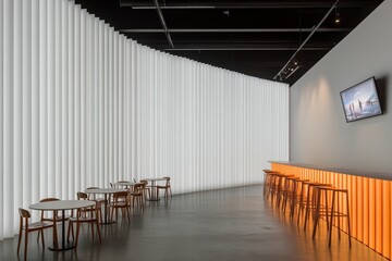 A white wall with a vertical striped pattern, the interior of an advertising agency office