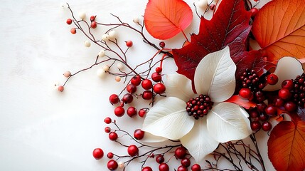 Wall Mural - Autumn Floral Arrangement with Red Berries and White Flowers on White Background