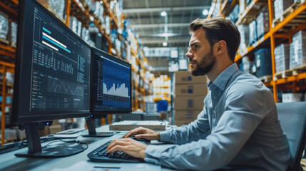 Inventory control specialist analyzing warehouse stock data on a computer screen, with detailed