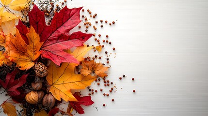Wall Mural - Autumn Leaves and Seeds on White Wooden Background