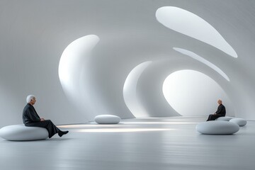 Minimalist scene of people in a bright futuristic space with smooth curved architecture representing modern design innovation and the concept of future living