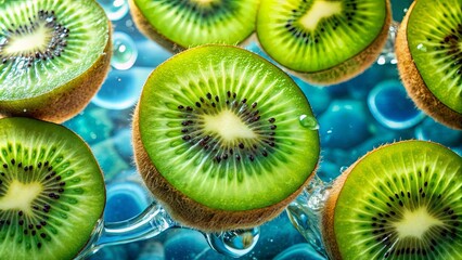 Macro close up of fresh kiwi slices floating in clear water, showcasing the vibrant green colors of the tropical fruit