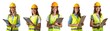 © PNG Hub - Happy woman engineer worker working with holding clipboard on white background. Female technician wear safety helmet, uniform checking and working
