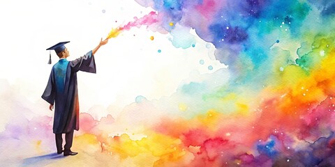 Colorful watercolor of a graduate reaching for their dreams