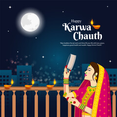 Wall Mural - Vector illustration of Happy Karva Chauth social media feed template