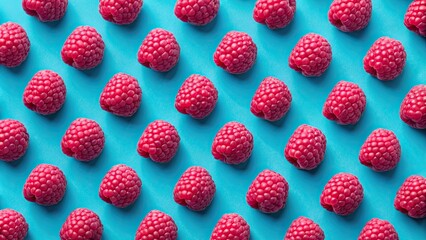 Raspberry pattern on blue background, top view , ripe, red, raspberry, blue, background, vegan, food, detox, summer, fresh