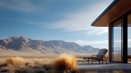 A sustainable cabin in the desert, powered by solar energy and designed for comfortable living and efficient work.