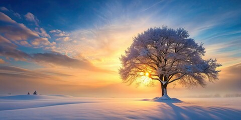 Surreal tree in snow with midday sunset casting a dreamy ethereal scene , tree, snow, midday, sunset, waves, snowflakes, water