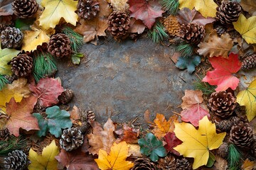 Wall Mural - A circle of leaves and pine cones with a brown background