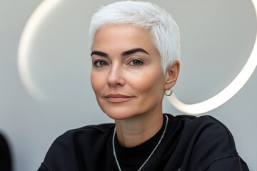 Confident woman with short platinum hair wearing a stylish black outfit seated in a modern minimalist space exuding strength elegance and sophistication