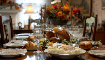 Poster - dining room set for Thanksgiving with a sliced trukey on the table, mashed potatoes, rolls and water glasses