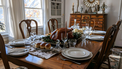 Poster - dining room set for Thanksgiving with a sliced trukey on the table, mashed potatoes, rolls and water glasses