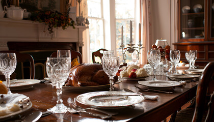 Poster - dining room set for Thanksgiving with a sliced trukey on the table, mashed potatoes, rolls and water glasses