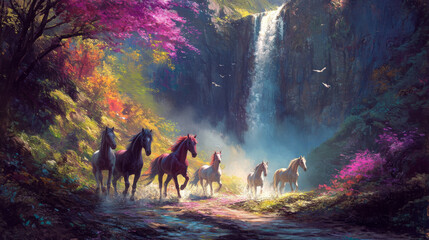 Colorful horses gallop down a path, shadowed by a majestic waterfall. --ar 16:9 --v 6.1 Job ID: 8932594c-3b0f-4e15-b196-bdedecad010a