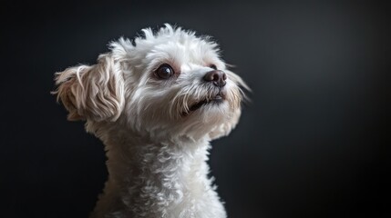 A white fluffy dog with brown eyes looking up with a dark background.