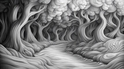 Wall Mural - A black and white drawing of a forest with trees, AI