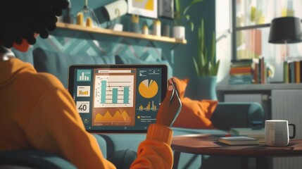 Poster - A person relaxes on a couch while examining financial data on a tablet, engaged with a money-making platform in a stylish living space. Generative AI