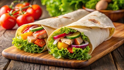 Wall Mural - Delicious chicken wrap sandwich with fresh vegetables and sauce , food, chicken, wrap, sandwich, lunch, tasty, fresh