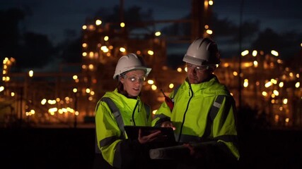 Wall Mural - Team Engineer working at night shift with laptop Inside Oil Refinery Gas Chemical plant. Senior Engineer wearing safety jacket and PPE working about Petrochemica Chemical Prodiction 