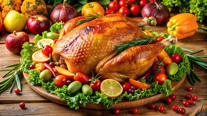 Juicy roast turkey surrounded by colorful and crisp fresh vegetables, roast turkey, garnish, colorful, crisp, fresh, vegetables