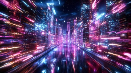Wall Mural - a vibrant futuristic cityscape illuminated by neon lights, showcasing a dynamic blend of colors and 