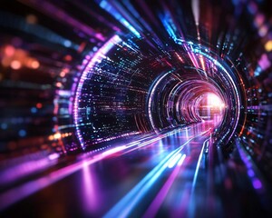 Wall Mural - a vibrant light tunnel with dynamic neon colors, symbolizing speed and technology in a futuristic se