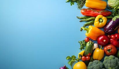 Colorful vegetables border on blue background with copy space for healthy food concept, 