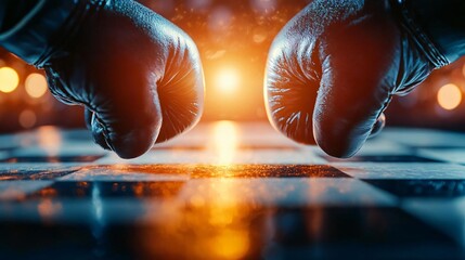 Intense competition captured with two boxing gloves hovering over a chessboard, symbolizing strategy and conflict.