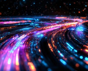 Wall Mural - Vibrant light trails create a mesmerizing visual effect, resembling flowing energy in a cosmic space.