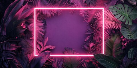 Poster - Pink Neon Frame with Tropical Plants