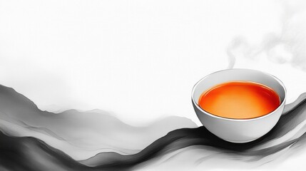 Sticker - A cup of tea on a black and white background with steam, AI