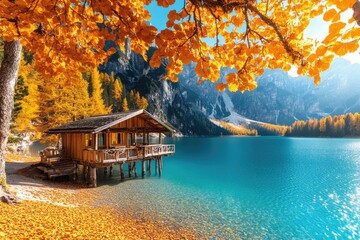 Canvas Print - Boathouse on Lake near Forest