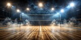 Illuminated wooden volleyball court with smoke, volleyball, sport, illuminated, wooden, court, smoke, outdoor, competition, game
