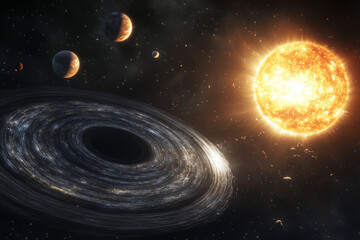 Wall Mural - planets are orbiting massive star in deep space. planetary system and glowing star near black hole