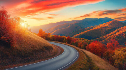 Wall Mural - Picturesque road winding through vibrant mountains in autumn. --ar 16:9 --v 6.1 Job ID: 2304e773-f05c-4448-9cff-6ff3931d06cc