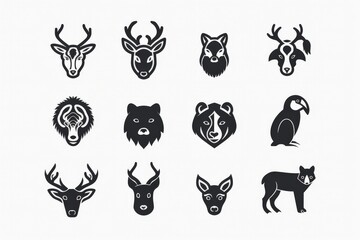 Wall Mural - Set of Animals emblem logo design with black animal line art icon vector illustration on white background