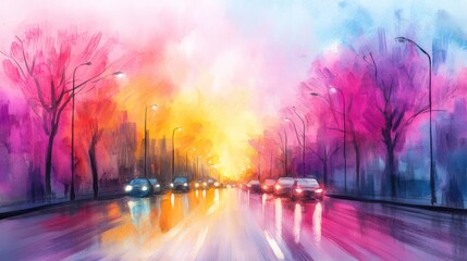 Poster - A painting of a city street with cars driving down it, AI