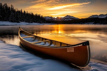 Wall Mural - Tranquil lake scene with canoe and fishing boat at sunset, reflecting sky and mountains