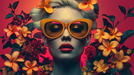 Wall Mural - modern pop art portrait collage of woman in sunglasses and flowers. contemporary poster artwork. ret