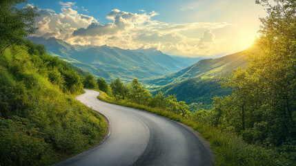 Wall Mural - Scenic view of a winding road surrounded by lush greenery and a panoramic vista of mountains and a bright summer sky. --ar 16:9 --v 6.1 Job ID: 19556c98-2599-4e99-9ad8-3f91ccad6148