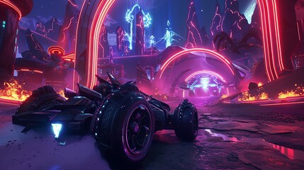 Wall Mural - Futuristic racing scene with neon lights, dynamic landscape, and high-tech vehicle in a vibrant digital world.