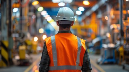 Wall Mural - A factory worker man wearing an orange work vest and grey safety helmet, standing back view in a factory.