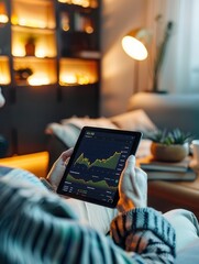 Leinwandbilder - A person is focused on a tablet displaying financial trends and statistics while relaxing in a warmly lit living room. Generative AI