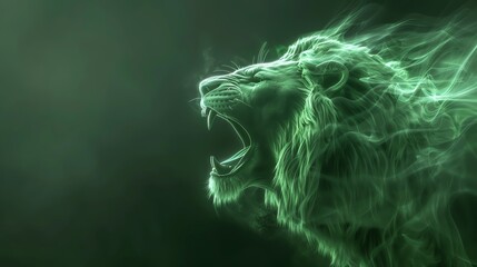 A captivating green lion silhouette roaring, embodying strength and majesty in a mystical, abstract style.